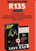 L'or Coffee Capsules 10 Per Pack & Lindt Excellence Chocolate Slab 100g-Both For