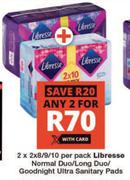 Libresse Normal Duo/Long Duo/Goodnight Ultra Sanitary Pads-2 x 8/9/10 Per Pack 