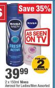 Nivea Aerosol For Lasies/Men Assorted-2 x 150ml