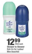 Shower To Shower Roll On For Ladies/Men Assorted-50ml Each