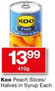 Koo Peach Slices/Halves in Syrup-410g Each