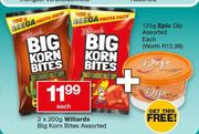 Willards Big Korn Bites Assorted-2 x 200g Free Epic Dip Assorted-125g Each