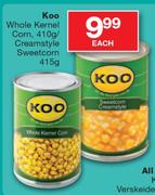 Koo Whole Kernel Corn-410g/Creamstyle Sweetcorn-415g Each