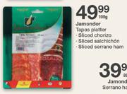 Jamondor Tapas Platter/Sliced Chorizo/Sliced Salchichon/Sliced Serrano Ham-100g Each