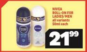 Nivea Roll On Or Ladies/Men All Variants-50ml Each