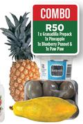 1 x Granadilla Prepack, 1 x Pineaaple, 1 x Blueberry Punnet & 1 x Paw Paw-Combo