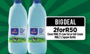 Clover Milk 2% Low Fat Or Full Cream Milk 2Ltr Square Bottle-For 2