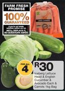 Iceberg Lettuce Head & English Cucumber & Avocado-Each & Carrots-1kg Bag