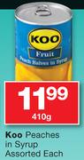 Koo Peaches In Syrup-410g Each