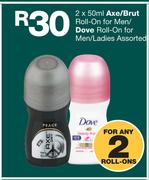 Axe Roll-On For Men/Dove Roll-On For Men/Ladies-Any 2x50ml