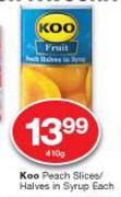 Koo Peach Slices/Halves In Syrup-410g Each