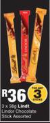 Lindt Lindor Chocolate Stick Assorted-3 x 38g