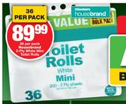 Housebrand 2 Ply White Mini Toilet Rolls-36 Per Pack