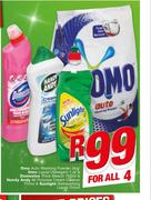 Omo Auto Washing Powder-2Kg/Omo Liquid Detergent-1.5Ltr/Domestos Thick Bleach-750ml-For All 4