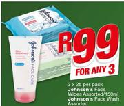 Johnson's Face Wipes Assorted-3 x 25 Per Pack/Johnson's Face Wash Assorted-150ml