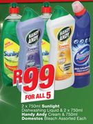 Sunlight Dishwashing Liquid-2x750ml/Handy Andy Cream-2x750ml & Domestos Bleach-For All 5