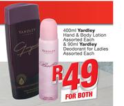 Yardley Hand & Body Lotion-400ml & Yardley Deodorant For Ladies 90ml-For Both