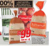 Class 1 Potatoes Pocket 7kg/Class 1 Onions Bag 3kg/Tomatoes Bag 2kg/Butternut Bag 3kg-For All
