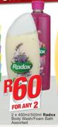 Radox Body Wash/Foam Bath-2X400ml/500ml