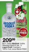 Absolut Vodka 750ml+Free Liqui Fruit Cranberry 100% Fruit Juice Blend 1L