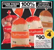 Class 1 Potatoes 3kg Bag, Class 1 Onions 3kg Bag, Class 1 Tomatoes 2kg Bag, Butternut 3kg Bag-For 4