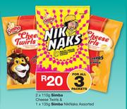 Simba Cheese Twirls 2x110g & Simba Niknaks Assorted 1x135g-For All 3