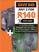 Smirnoff Spin/Storm/Pine Twist Spirit Cooler NRB/Ice Double Black Guarana Cans-2x6x250ml/300ml