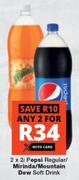 Pepsi Regular/Mirinda/Mountain Dew Soft Drink-For 2 x 2L