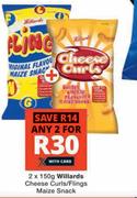 Willards Cheese Curls/Flings Maize Snack-For Any 2 x 150g