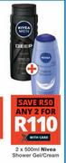 Nivea Shower Gel/Cream-2 x 500ml