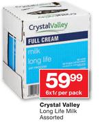Crystal Valley Long Life Milk Assorted-6x1Ltr Per Pack