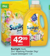 Sunlight Auto 2 In 1 Washing Powder 2Kg/Liquid Detergent 1.5Ltr-Each