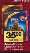 Bakers Romany Creams/ Choc-Kits Biscuits-500g Each