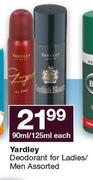 Yardley Deodorant For Ladies/ Men-90ml/125ml Each