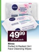Nivea Perfect & Radiant 3 In 1 Face Cleaning Wipes-25 Per Pack