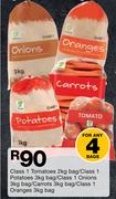 Class 1 Tomatoes Bag-2kg/Potatoes Bag-3kg/Onions Bag-3kg/Carrots Bag-3kg/Oranges Bag 3kg-For Any 4