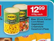 Koo Whole Kernel Corn/ Mixed Vegetables/ Creamstyle Sweetcorn/ Peas-410g Each
