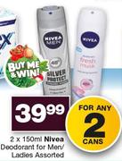 Nivea Deodorant For Men/Ladies Assorted-Any 2x150ml