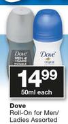 Dove Roll-On For Men/Ladies Assorted-50ml Each