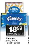 Kleenex 3 Ply White Facial Tissues-2 x 90/56/90 Per Pack
