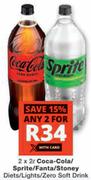 Coca Cola/Sprite/Fanta/Stoney Diets/Lights/ZeroSoft Drink-2 x 2L 