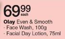 Olay Even & Smooth Face Wash 100g/Facial Day Lotion 75Ml-Each