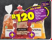 Class 1 Onions 3Kg Bag + Jam Tomatoes 2Kg Bag + Class 1 Potatoes 2Kg Bag-All For 3