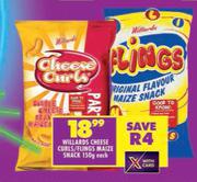 Willards Cheese Curls/Flings Maize Snack-150g Each