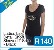 Ladies Lips Detail Short Sleeved T-Shirt - Black 
