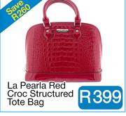 La Pearla Red Croc Structured Tote Bag 
