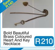 Bold Beautiful Brass Coloured Heart And Key Necklace - 